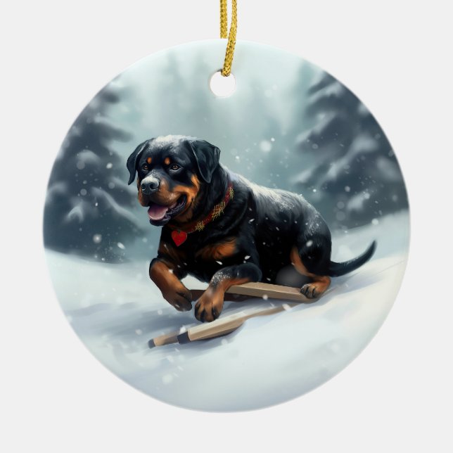 Rottweiler jul snö vinter Kuddcover Julgransprydnad Keramik (Framsidan)