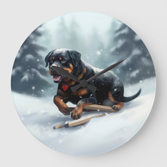 Rottweiler jul snö vinter Kuddcover Stor Klocka (Framsida)