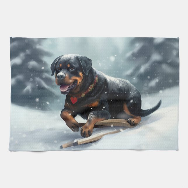 Rottweiler-julen snö-vintern Dekorativ kudde Kökshandduk (Horisontell)