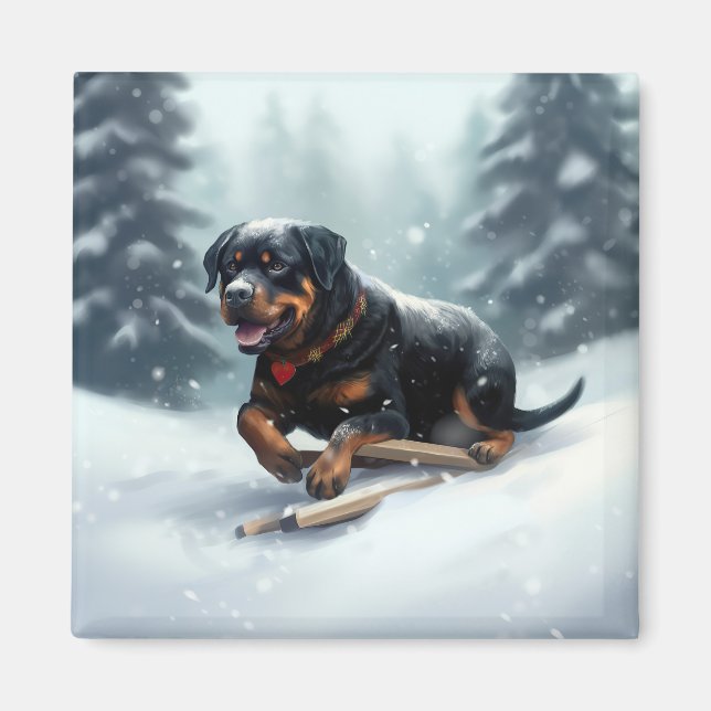 Rottweiler-julen snö-vintern Dekorativ kudde Magnet (Framsidan)
