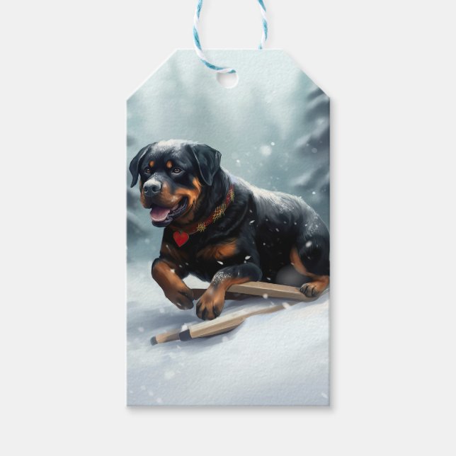 Rottweiler-julen snö-vintern Dekorativ kudde Presentetikett (Framsidan)