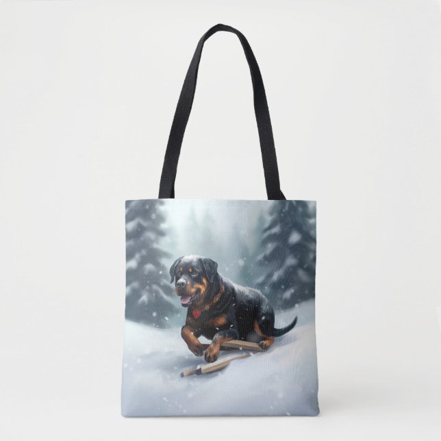Rottweiler-julen snö-vintern Dekorativ kudde Tygkasse (Framsida)