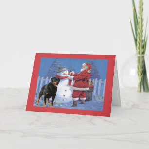 Rottweiler julkort Santa och snögubbe Helgkort