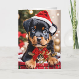 Rottweiler Jullvalp i basket Helgkort