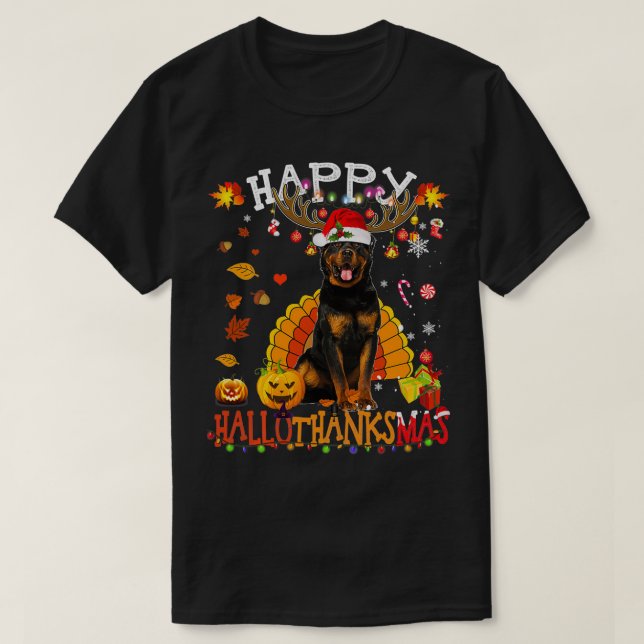 Rottweiler Lycklig Hallothanksmas Halloween Thanks T Shirt (Design framsida)