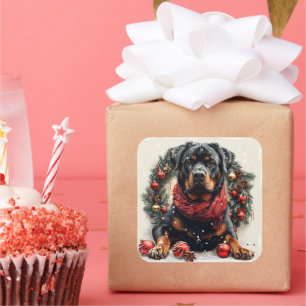 Rottweiler med julkrans fyrkantigt klistermärke