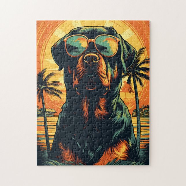 Rottweiler med solglasögon på stranden pussel (Vertikal)