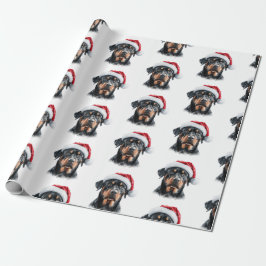 Rottweiler med tomtehatt presentpapper