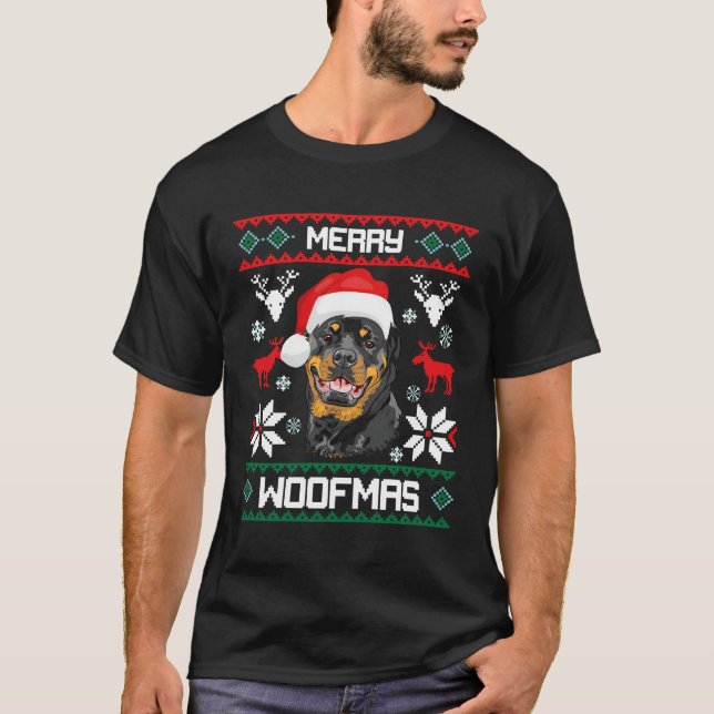 Rottweiler Merry Woofmas Hund Rottie för jul T Shirt (Framsida)