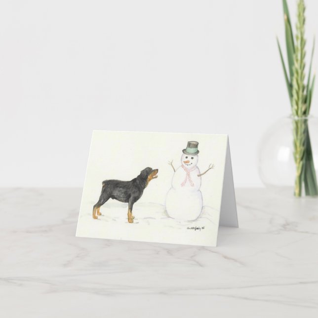 Rottweiler och Snögubbe Hund Art Note Card Kort (Framsida)