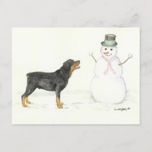 Rottweiler och Snögubbe Hund Art-vykort Vykort