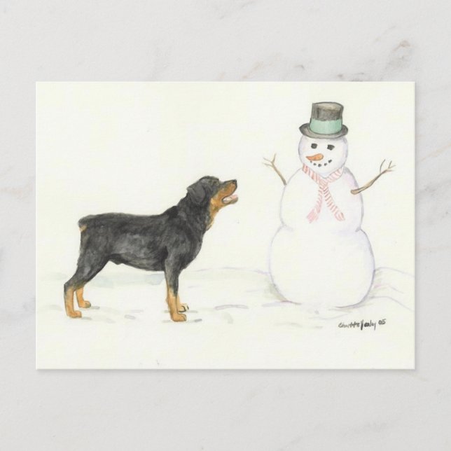 Rottweiler och Snögubbe Hund Art-vykort Vykort (Framsida)