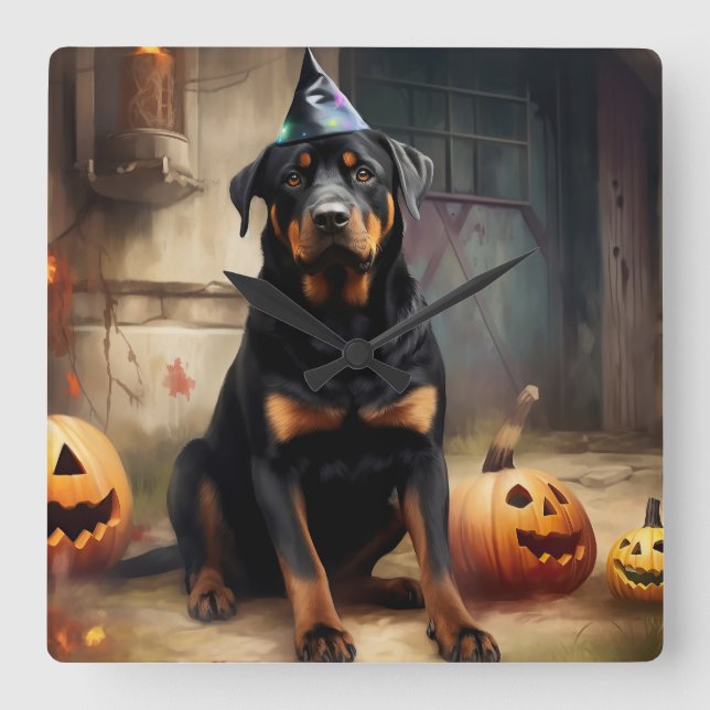 Rottweiler Pumpak Halloween Skräckinjagande Fyrkantig Klocka (Framsida)