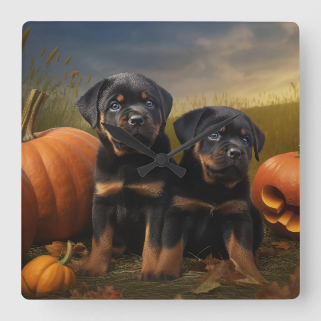 Rottweiler Puppy Autumn Delight Pumpkin Fyrkantig Klocka (Framsida)
