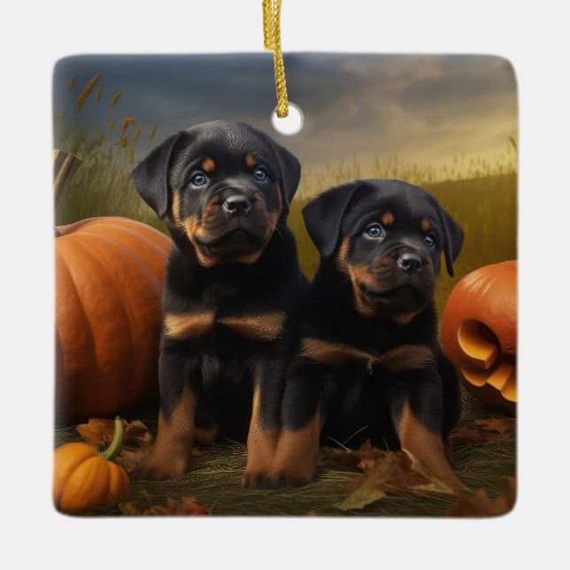 Rottweiler Puppy Autumn Delight Pumpkin Julgransprydnad Keramik (Framsida)