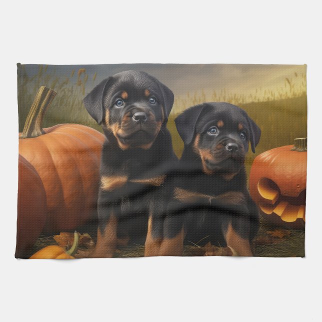 Rottweiler Puppy Autumn Delight Pumpkin Kökshandduk (Horisontell)