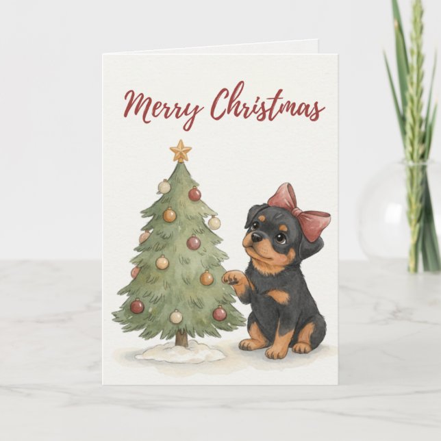 Rottweiler Puppy by Christmas Tree Card Kort (Framsida)