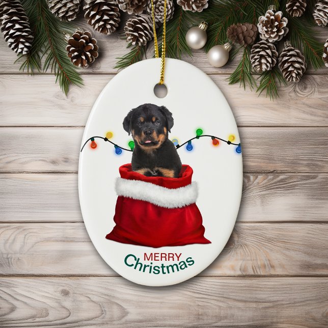 Rottweiler Puppy Hund i Helgdag Gift Bag Julgransprydnad Keramik (Skapare uppladdad)