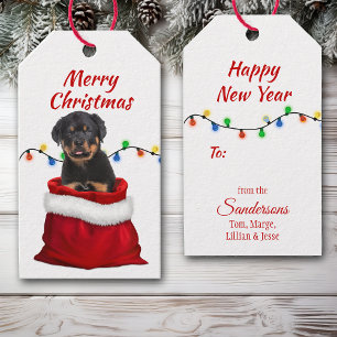 Rottweiler Puppy i Santa Bag Presentetikett