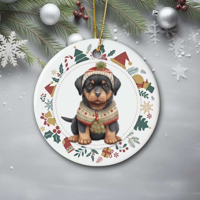 Rottweiler Puppy in Winter Sweater jul Julgransprydnad Keramik (Skapare uppladdad)