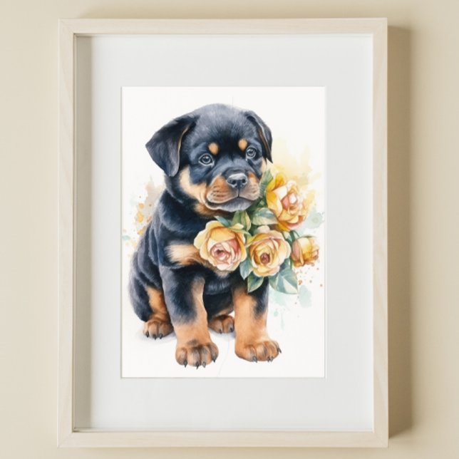Rottweiler Puppy Pet Watercolor Flower Poster (Skapare uppladdad)