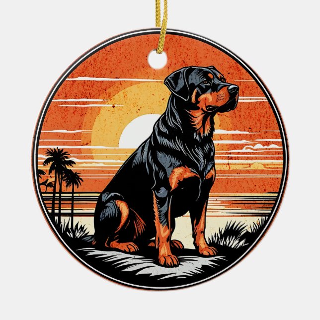 Rottweiler Retro Sunset Dog Lover Julgransprydnad Keramik (Framsidan)