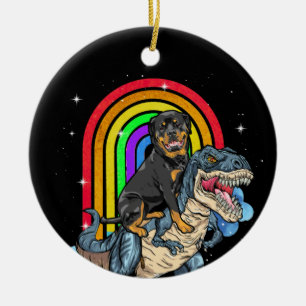 Rottweiler Riding Dinosaur T rex Rainbow Julgransprydnad Keramik
