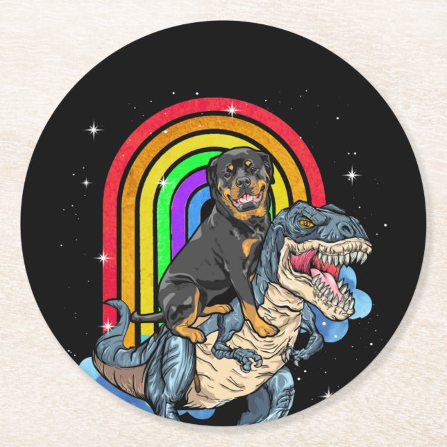 Rottweiler Riding Dinosaur T rex Rainbow Underlägg Papper Rund (Framsidan)
