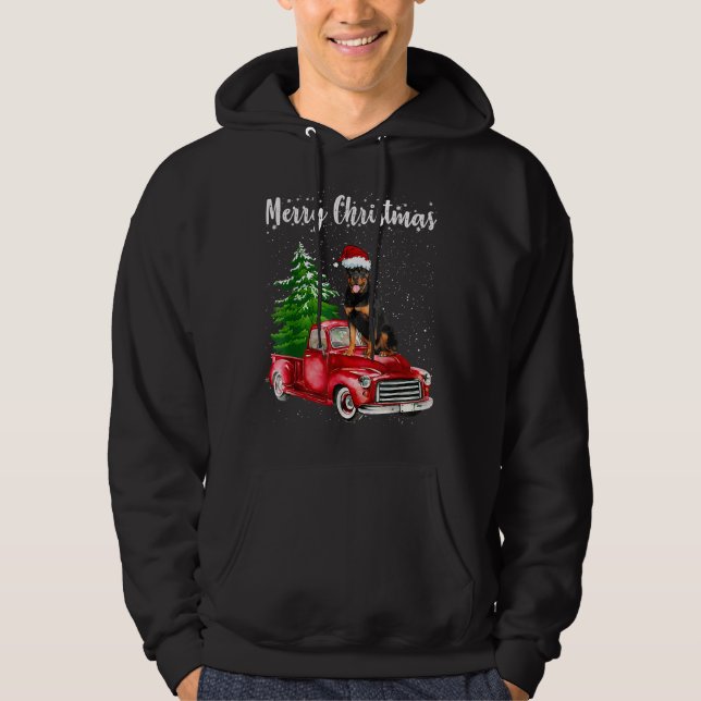 Rottweiler Riding Red Lastbil God jul Hund Lo Hoodie (Framsida)