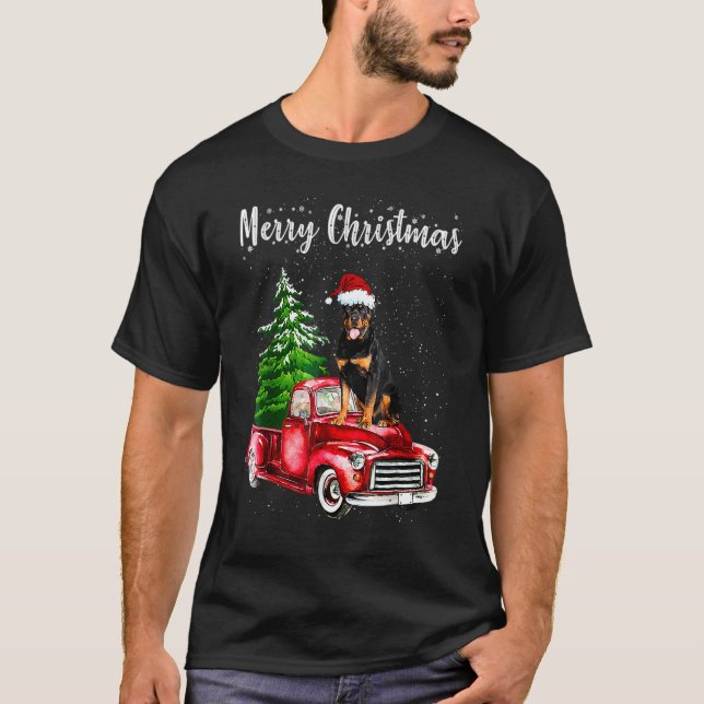Rottweiler Riding Red Lastbil God jul Hund S T Shirt (Framsida)