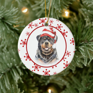 Rottweiler Santa Hat Red Snowflake-jul Julgransprydnad Keramik