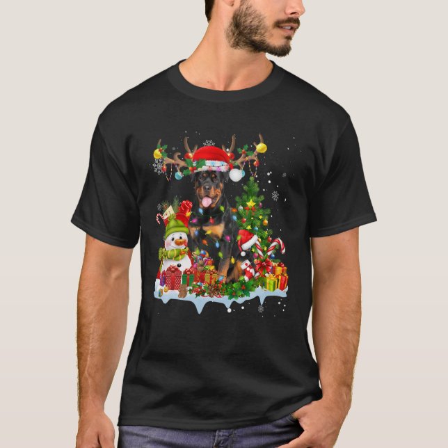 Rottweiler Santa Hat Reindeer jul Ljus Paj T Shirt (Framsida)