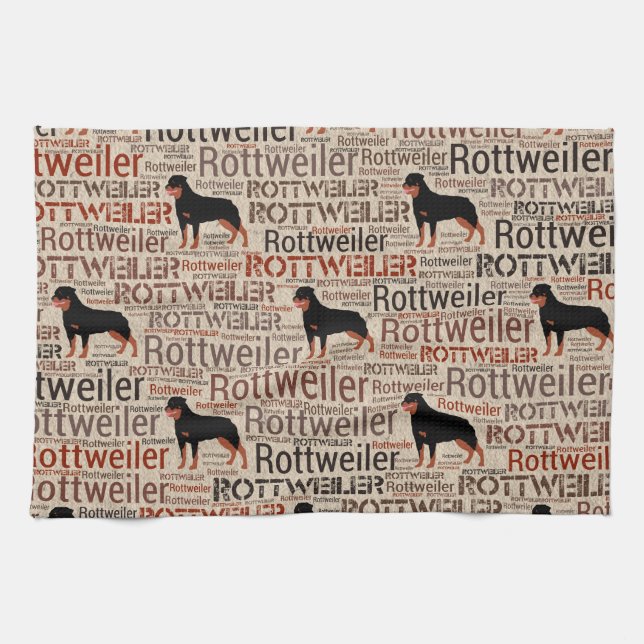 Rottweiler silhouette och ordkonstmönster kökshandduk (Horisontell)