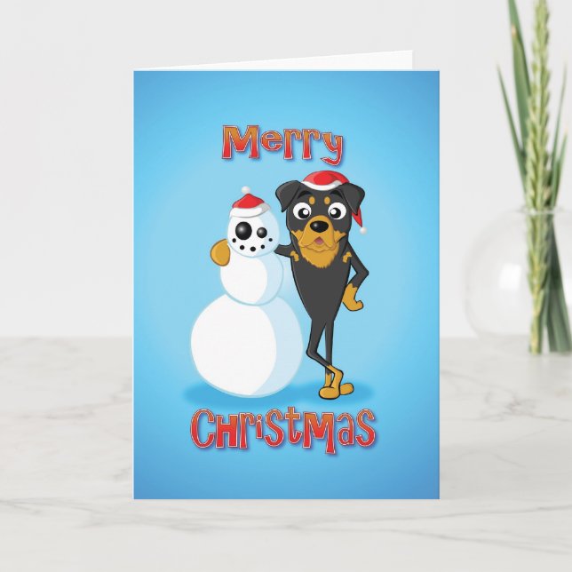 rottweiler - snögubbe - god jul helgkort (Framsida)