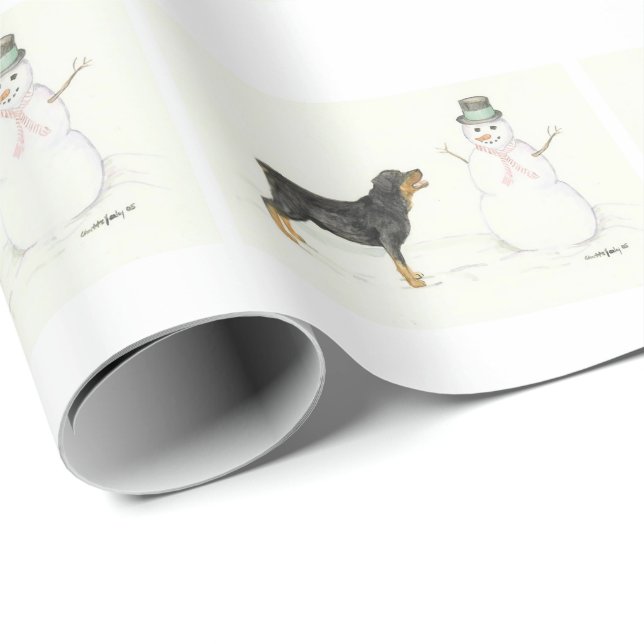 Rottweiler snögubbehund ArtChristmas som slår in Presentpapper (Rullad Hörn)