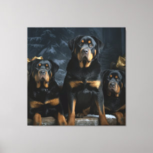 Rottweiler Snowy Sleigh-juldekalor Canvastryck