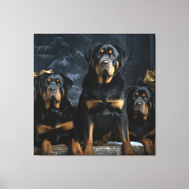 Rottweiler Snowy Sleigh-juldekalor Canvastryck (Framsida)