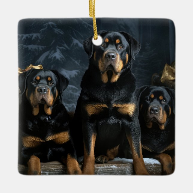 Rottweiler Snowy Sleigh-juldekalor Julgransprydnad Keramik (Framsida)