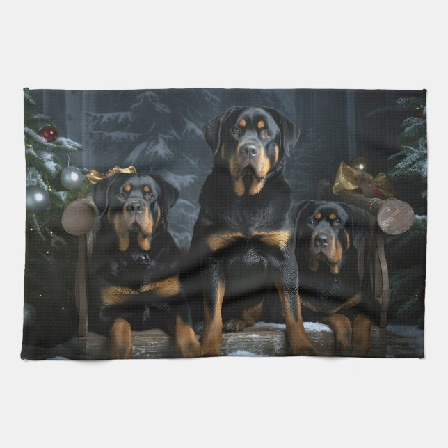 Rottweiler Snowy Sleigh-juldekalor Kökshandduk (Horisontell)