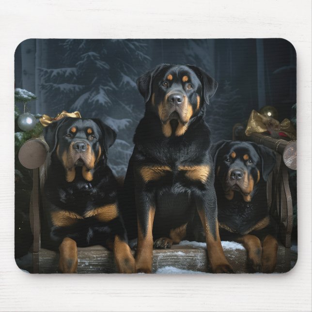 Rottweiler Snowy Sleigh-juldekalor Musmatta (Framsidan)