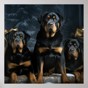 Rottweiler Snowy Sleigh-juldekalor Poster