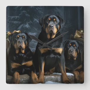 Rottweiler Snowy Sleigh Juldekoration Fyrkantig Klocka