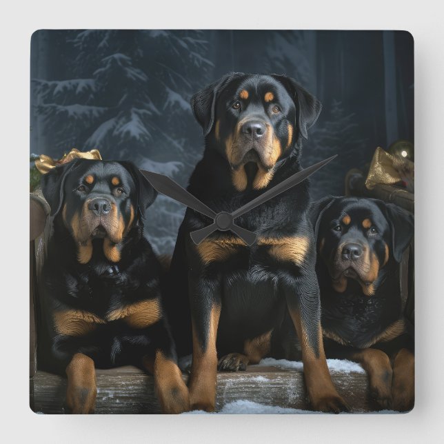Rottweiler Snowy Sleigh Juldekoration  Fyrkantig Klocka (Framsida)