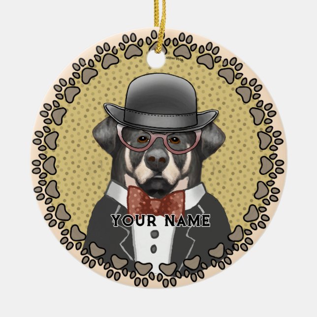 Rottweiler som bär glasögon julgransprydnad keramik (Framsidan)