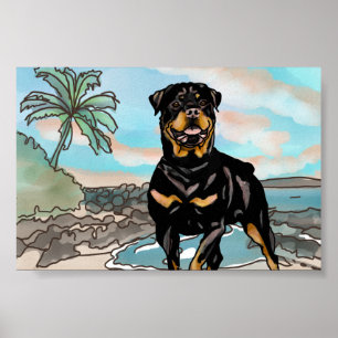 Rottweiler spelar på Hawaii Beach Poster