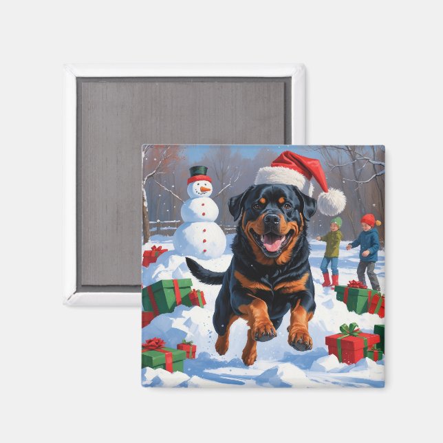 Rottweiler springer i snö med julhatt magnet (Front/Back)
