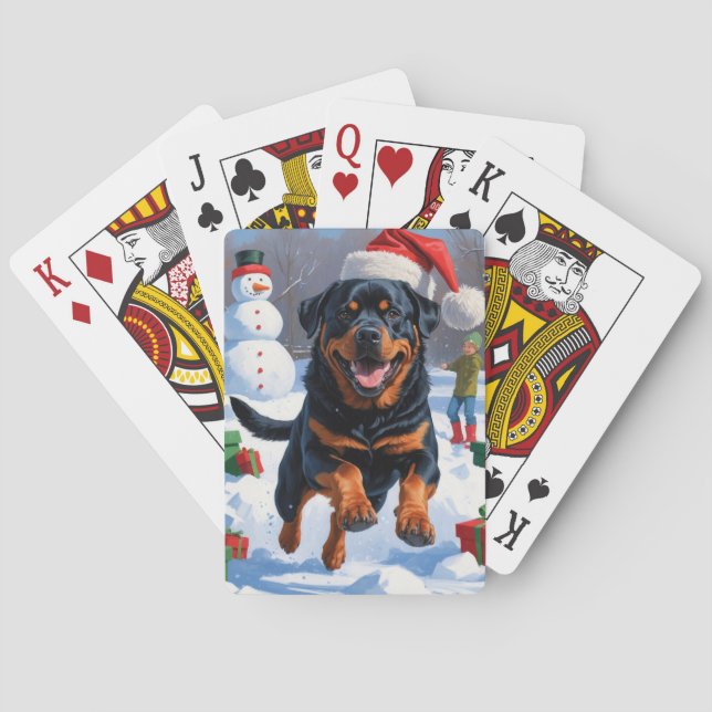 Rottweiler springer i Snö med julklapp Casinokort (Baksidan)