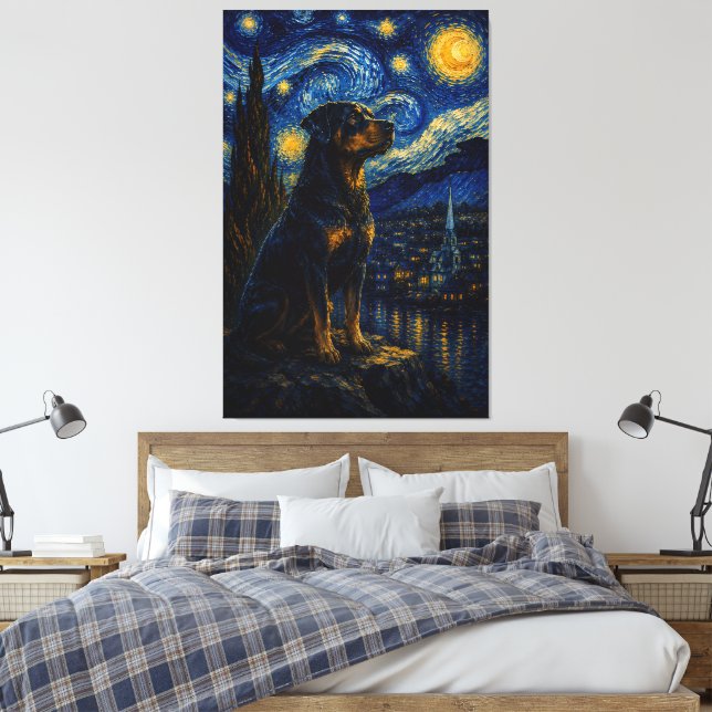 Rottweiler Stjärnklar Natt Oljemålning – Van Gogh  Canvastryck (Insitu (sovrum))