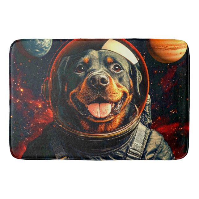 Rottweiler utforskar badrumsmatta (Framsidan)