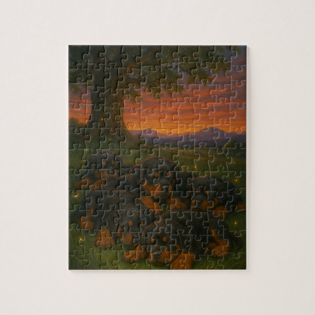 Rottweiler-valpar vid gryning pussel (Vertikal)